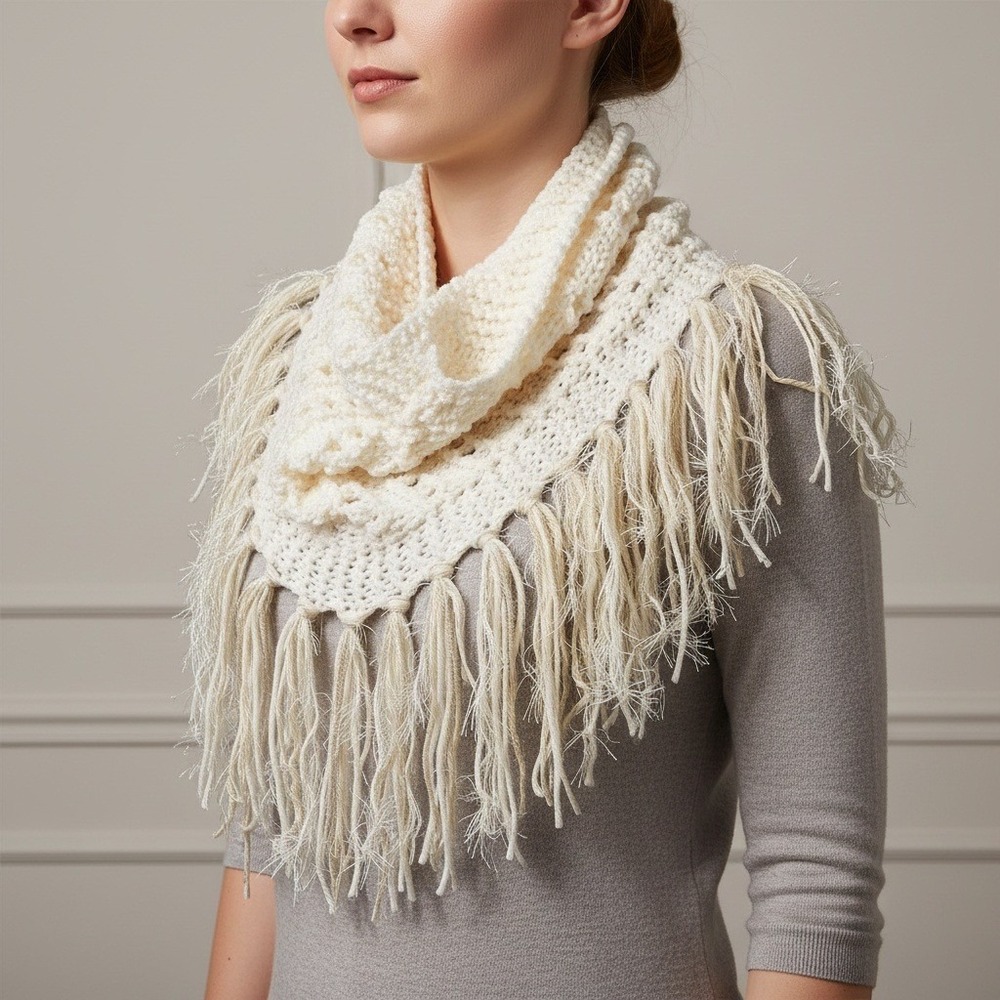 NEW Hand Knitted Cream Cowl Scarf Fringe Boho Cottage Coquette Fairy Glam Whimsy